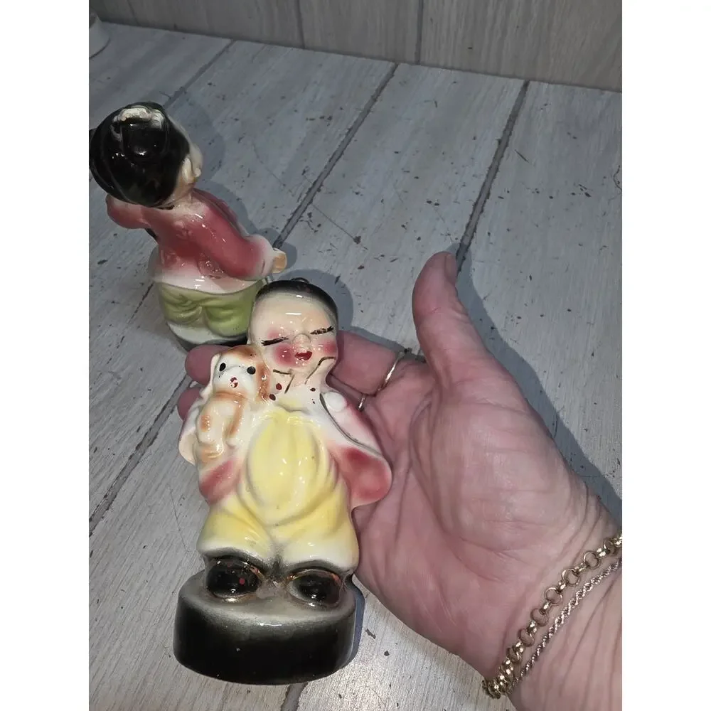 Vtg Figurines Asian Ching Lin Boy Girl Cat Dog Japan READ